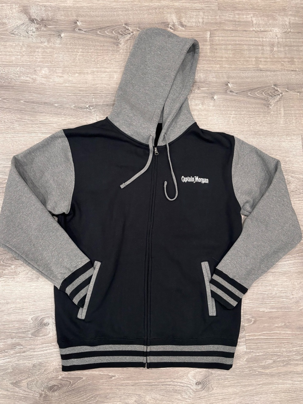 Captain Morgan Large Varsity Full Zip Hoodie Men’s Unisex Rum Black & Gray